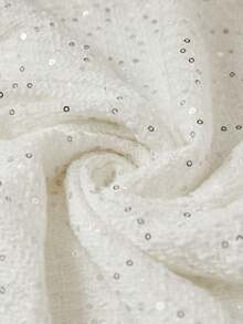 Opuloom Christmas Women's High-Quality Fabric Collared Shoulder Long Sleeve Shiny Knit Patchwork Straight Short Jacket Paired With A-Line Maxi Skirt, Elegant French Chic Casual Outfit For Daily Wear, Autumn/Winter - White - View 4