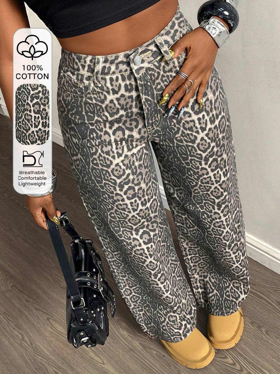 DAZY 女士宽松休闲直筒牛仔裤，豹纹印花设计，适合春夏穿着 - 棕色 - 查看 1