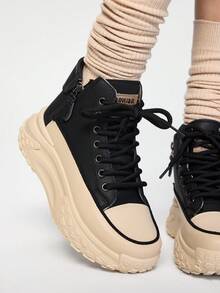 ROMWE Grunge Punk 2025 New High-Top Casual Shoes For Women, Round Toe Side Zip, Thick Sole Platform, Sporty Street Style, Spring/Autumn - Black - View 4