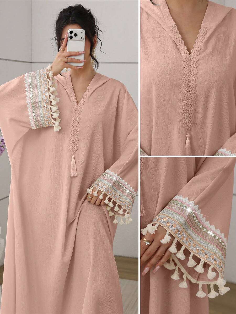 SHEIN Najma Modest Cutout Hooded Lace Ribbon Batwing Tassel Pink Dress For Women, For Parties, Date Night Special Occasion Evening Events Party Ready - Pink - View 1