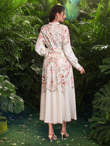 Modelyn 度假风V领长袖系带喇叭中长连衣裙，印花图案，女士，春夏款 - 彩色 - 查看 6