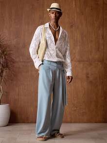 AKNOTIC Business Casual 男士休闲宽松弹力腰筒裤，纯色卡其色长裤，适合夏季、度假、日常搭配、派对、情侣装、男士礼物 - 淺藍色 - 查看 5