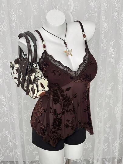 Sunspun Plus Size Women Elegant Minimalist French A-Line Bra Cup Velvet Cutout Floral Lace Beaded Camisole Tank Top, Summer