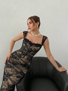 Aloruh Đầm ren đen ôm dáng, cổ vuông, dây bản rộng, thanh lịch dành cho nữ, thích hợp cho tiệc tùng, hẹn hò, sinh nhật. - màu đen - Xem 6
