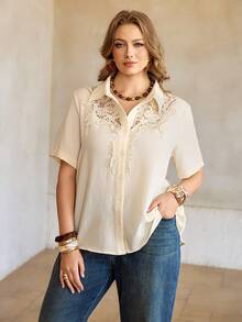 Roveilla Women's Sheer Linen French Elegant Commute Vacation Romantic Casual Afternoon Tea Dropped Shoulder Ruffle Collar Placket Long Loose Short Sleeve Blouse - Apricot - View 4