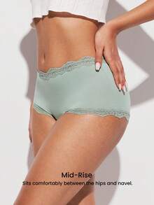 LUVLETTE Bộ 3 quần lót nữ cạp trung bằng cotton viền ren, kiểu quần đùi ngắn, họa tiết hoa, viền ren, màu xanh lá cây. - Nhiều màu - Xem 11