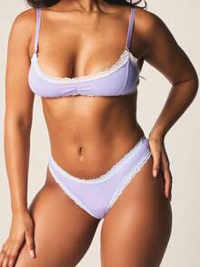 MISSGUIDED Lace Trim Bralette And Brief Set With Delicate White Trim Intimate Lingerie Matching Two Piece Underwear - Purple - View 5