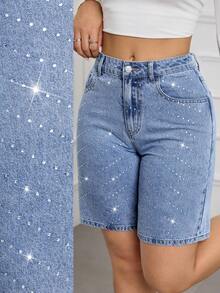 SHEIN Tall 夏季高个女士派对、休闲、假日、度假闪亮水钻设计水钻装饰口袋修身时尚牛仔短裤 - 中等水洗藍 - 查看 1