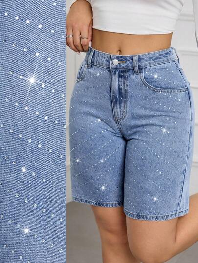 Summer High-Waisted Women's Party Casual Vacation Sparkling Rhinestone Decor Pocket Fashion Skinny Denim Shorts