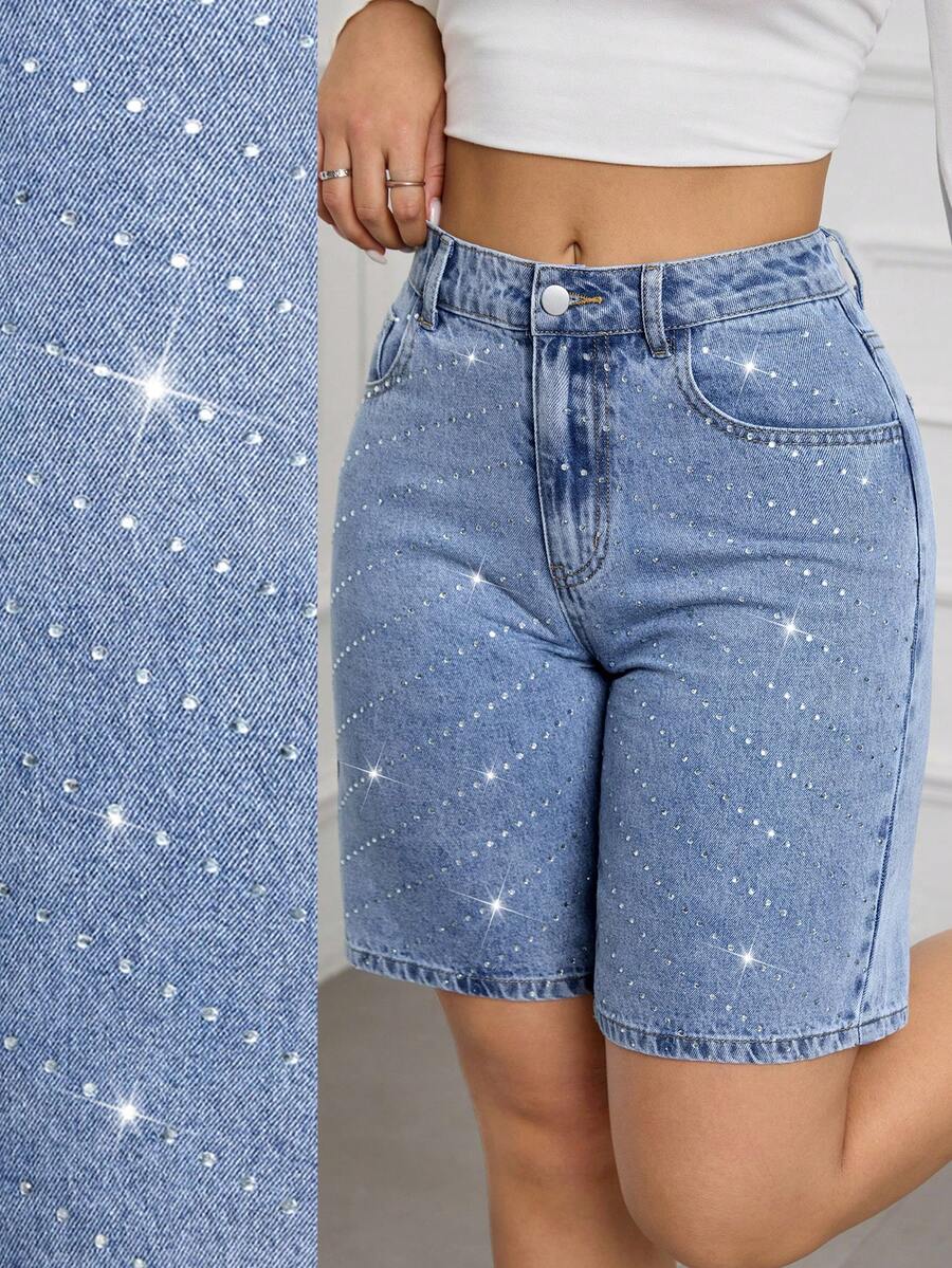 SHEIN Tall 夏季高个女士派对、休闲、假日、度假闪亮水钻设计水钻装饰口袋修身时尚牛仔短裤 - 中等水洗藍 - 查看 1
