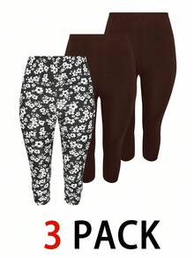 SHEIN Essnce 大码女式打底裤、七分裤、三件套、夏季打底裤、印花打底裤、黑色打底裤 - 棕色 - 查看 3