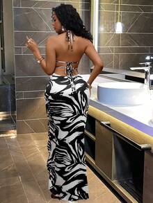 Lureya 女士时尚印花吊带深V领系带高开衩性感迷人优雅年轻日常外出派对晚礼服，春夏款 - 彩色 - 查看 1