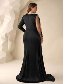 Coutiva 优雅的亮片缎面连衣裙，深V领，露背设计，长袖，鱼尾裙摆；非常适合正式晚宴穿着，适合婚礼宾客或婆婆穿着。 - 黑色 - 查看 2