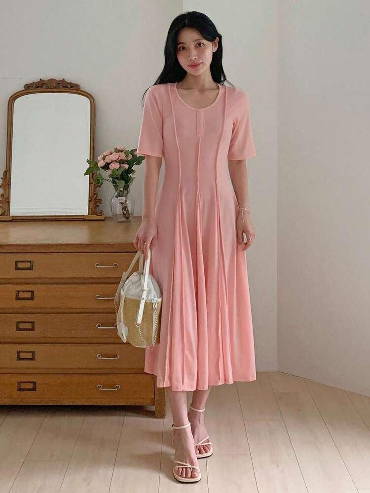Women's Round Neck Cinched Waist A-Line Mid-Length Wrap Dress, Pink