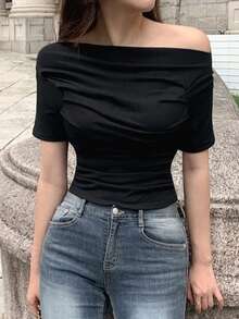 DAZY Women's Solid Color Off-Shoulder Pleated Fitted Short Sleeve T-Shirt, Spring/Summer - Black - View 6