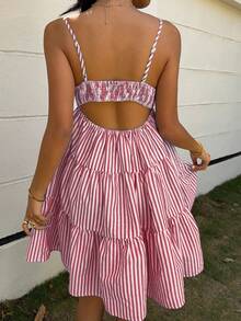 MainGRL 红色条纹针织吊带连衣裙，女士夏季连衣裙，吊带连衣裙，红色连衣裙 - 紅色 - 查看 2