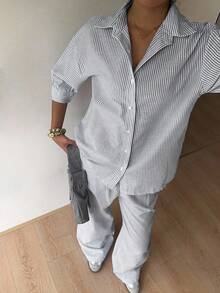 SHEIN EZwear 女士休闲度假通勤条纹印花宽松上衣和阔腿裤套装，春夏秋季 - 黑與白 - 查看 4