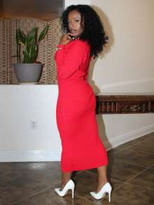 Steph T Women Sexy Elegant White V-Neck Off Shoulder Long Sleeve Fitted Sweater Dress, Suitable For Daily Wear, Office, Date, Casual, Party, Thanksgiving, Christmas White Midi Dress White Long Sleeve Dress White Bodycon Dress Ribbed Midi Dress In Fall/Winter Low Cut Dress Red Long Sleeve Dress Tight Long Dress Ribbed Dress Red Dress - Red - View 5