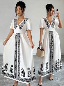 Elenzga 2026春夏新款女士度假印花连衣裙 - 杏色 - 查看 1