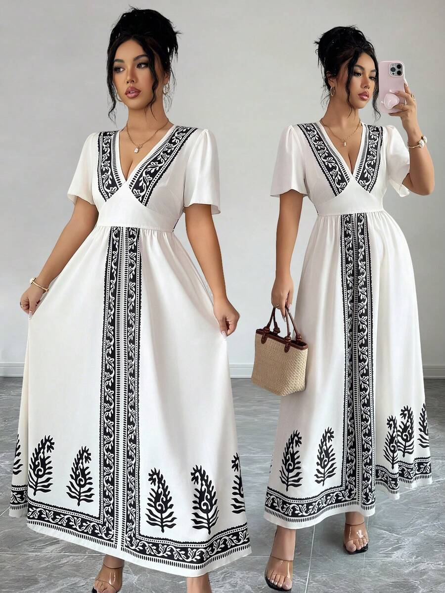 Elenzga 2026春夏新款女士度假印花连衣裙 - 杏色 - 查看 1