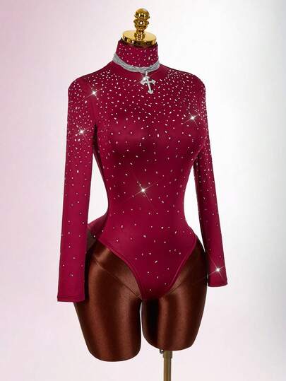 Amplova Square & Round Rhinestone Decor Turtleneck Long Sleeve High Waist Mini Party Jumpsuit Summer Holiday Outfits Casual Outfits For Women Rhinestone Bodysuit Glitter Outfit Women Bodysuits For Women Long Sleeve Body Suits For Women Red Body Suit