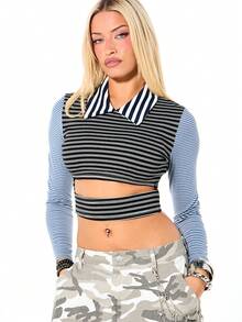 SUMWON WOMEN Cropped Cut Out Detail Contrast Stripe Long Sleeve Polo Shirt With Collared Neckline And Fitted Waist Band Design - Multicolor - View 1