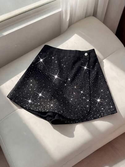 EMERY ROSE Plus Size Women Denim Skorts With Waist Button & Rhinestone Decor, Fashion Party Luxury Diamond Sparkling Pearl Black Skirt