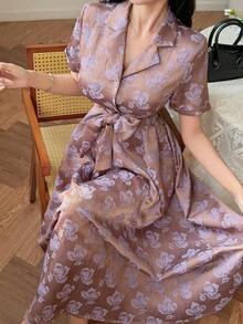 DAZY 女士方领短袖连衣裙，优雅夏季款 - 紫色 - 查看 4