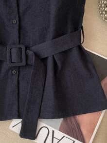 Resyla Women's Sleeveless Collared Waist Shirt, Fashionable Casual For Summer - Navy Blue - View 3