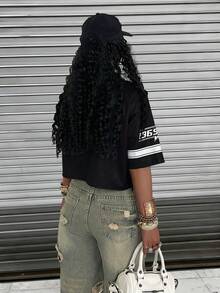 Rovax Women's Casual Loose Fit Numeric Print Short Sleeve Shirt - Black - View 2