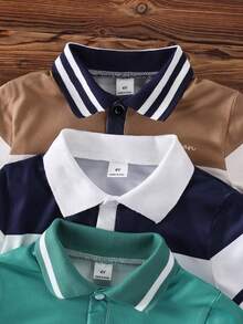 SHEIN 3件装男童休闲运动学院风印花图案Polo衫，适合儿童，返校季，日常穿着，春夏款 - 彩色 - 查看 6