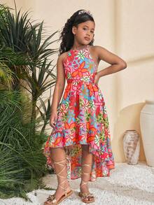 SHEIN Vestido sin mangas con cuello de halter y estampado floral minimalista elegante para niña preadolescente - Rosa - Ver 5