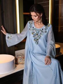 Layrah Elegant & Luxurious Round Neck Beaded Flare Sleeve Dress, Spring/Summer - Baby Blue - View 8