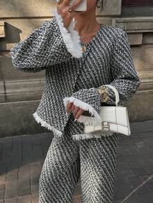 Elyressa 女士喇叭袖流苏边饰优雅前扣撞色两件套 - 灰色 - 查看 5