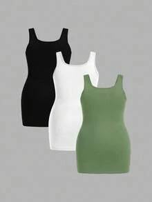 SHEIN Essnce 大码纯色圆领修身休闲背心，夏季 - 彩色 - 查看 2
