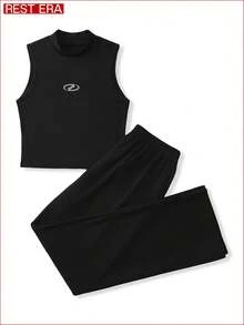 Conjunto de pijama de camiseta y pantalones de unicolor para mujer - Negro - Ver 1