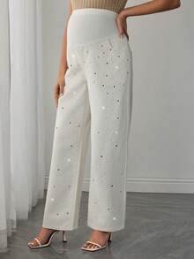 Momance Quần jeans bầu cạp cao dáng suông, đính đá, kiểu dáng thường ngày, phù hợp cho mùa xuân và mùa thu. - Màu be - Xem 4