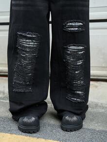 Manfinity EMRG Black Washed Sequin Patchwork Ripped Loose Wide-Leg Jeans - Black - View 4