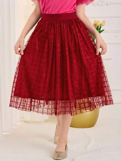 SHEIN Tween Girl Elegant Vacation High Waist Plaid Mesh Skirt With Lining