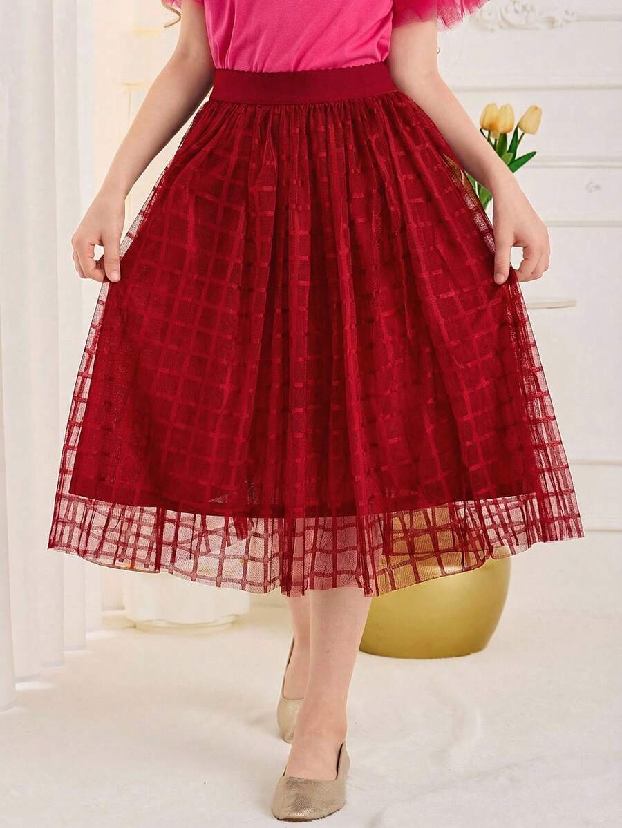 SHEIN 少女優雅度假風高腰格紋網紗內襯裙 - 酒紅色 - 查看 1