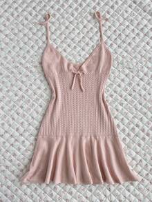 Elamini Women's Casual Cute Beach Vacation Halter Ribbed Twist Patchwork A-Line Mini Knit Dress, Spring/Summer - Baby Pink - View 1