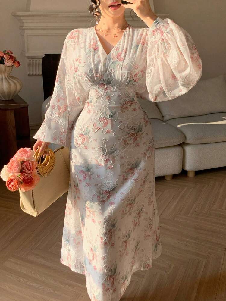 Women's V-Neck All-Over Print Waist Cinched Dress, Elegant Resort Style Sundress Boho