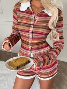 SHEIN EZwear 2件套 女士条纹休闲上衣和短裤套装 - 粉色 - 查看 6