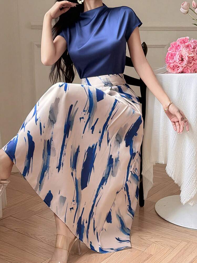 Women's Elegant Solid Color Draped Neck Top And Contrast Floral A-Line Skirt 2 Piece Set, Summer