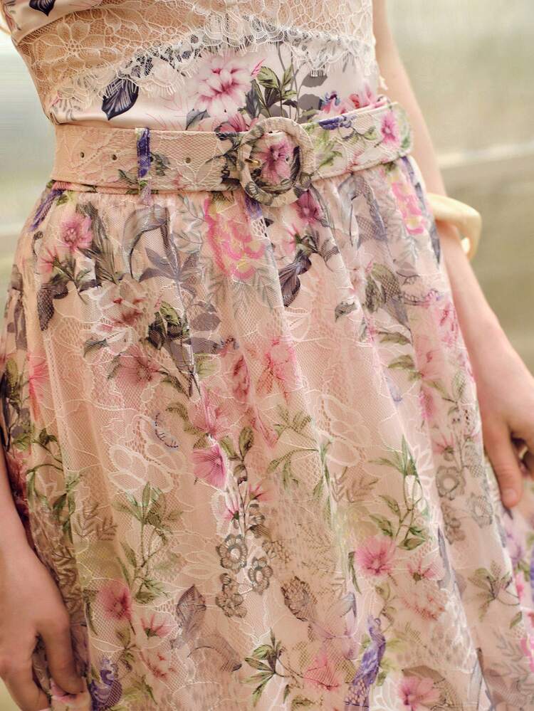 女性用 フローラルプリント ロマンチック ロングスカート、春夏