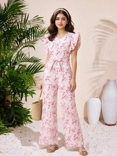 SHEIN ChillGRL Teen GirlDitsy Floral Jumpsuit, Sweet & Fashionable, Comfortable & Breathable, Suitable For Outings, Vibrant, Ideal For Spring/Summer, Perfect For Valentine's Day