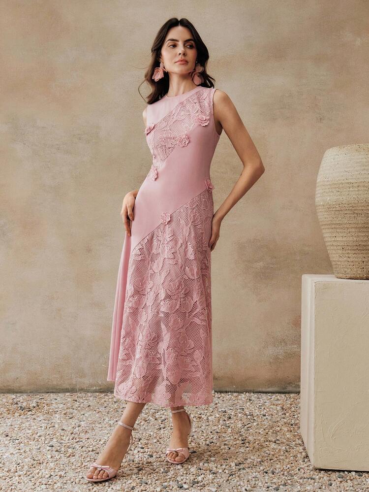 Women's Pink Mid-Length Dress, Elegant Embroidered Fabric Patchwork Dress, Suitable For Party, Music Festival, Light Formal Wear