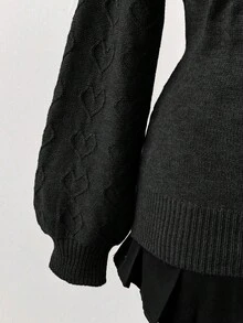 Sunspun Women's Plus Size Casual U-Neck Heart Button Embellished Long Sleeve Fitted Pullover Sweater - Black - View 3