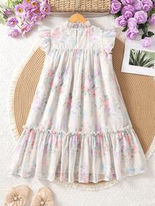 SHEIN 少女粉色雪纺印花短袖拼接荷叶边领宽松连衣裙，优雅大方，适合夏季、假日、旅行穿着。 - 杏色 - 查看 2