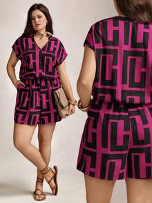 Zelara Women's Plus-Size Summer Black Asymmetrical Geometric Print Two Piece Set,Smart Casual Vacation Lounge Outfits,Nautical Navycore Jumpsuit Coord Set - Hot Pink - View 9